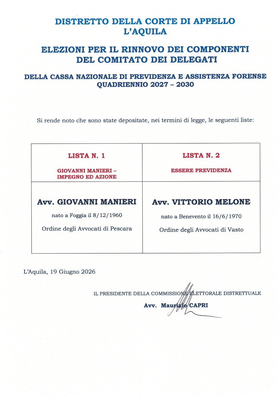 MANIFESTO LISTE ELEZIONI CASSA FORENSE